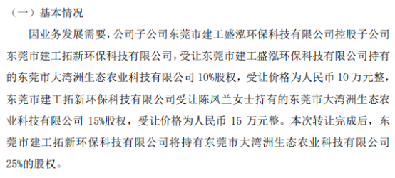 建工环保控股孙公司拟合计以25万受让东莞市大湾洲生态农业科技有限公司25%股权(图1)