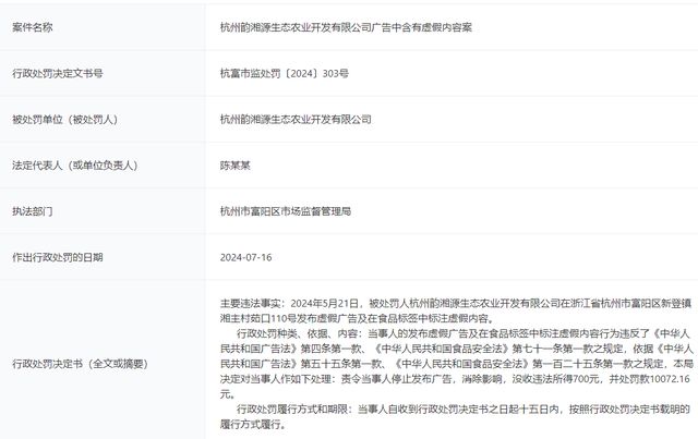 发布虚假广告、在食品标签中标注虚假内容杭州韵湘源生态农业开发有限公司受处罚(图1)
